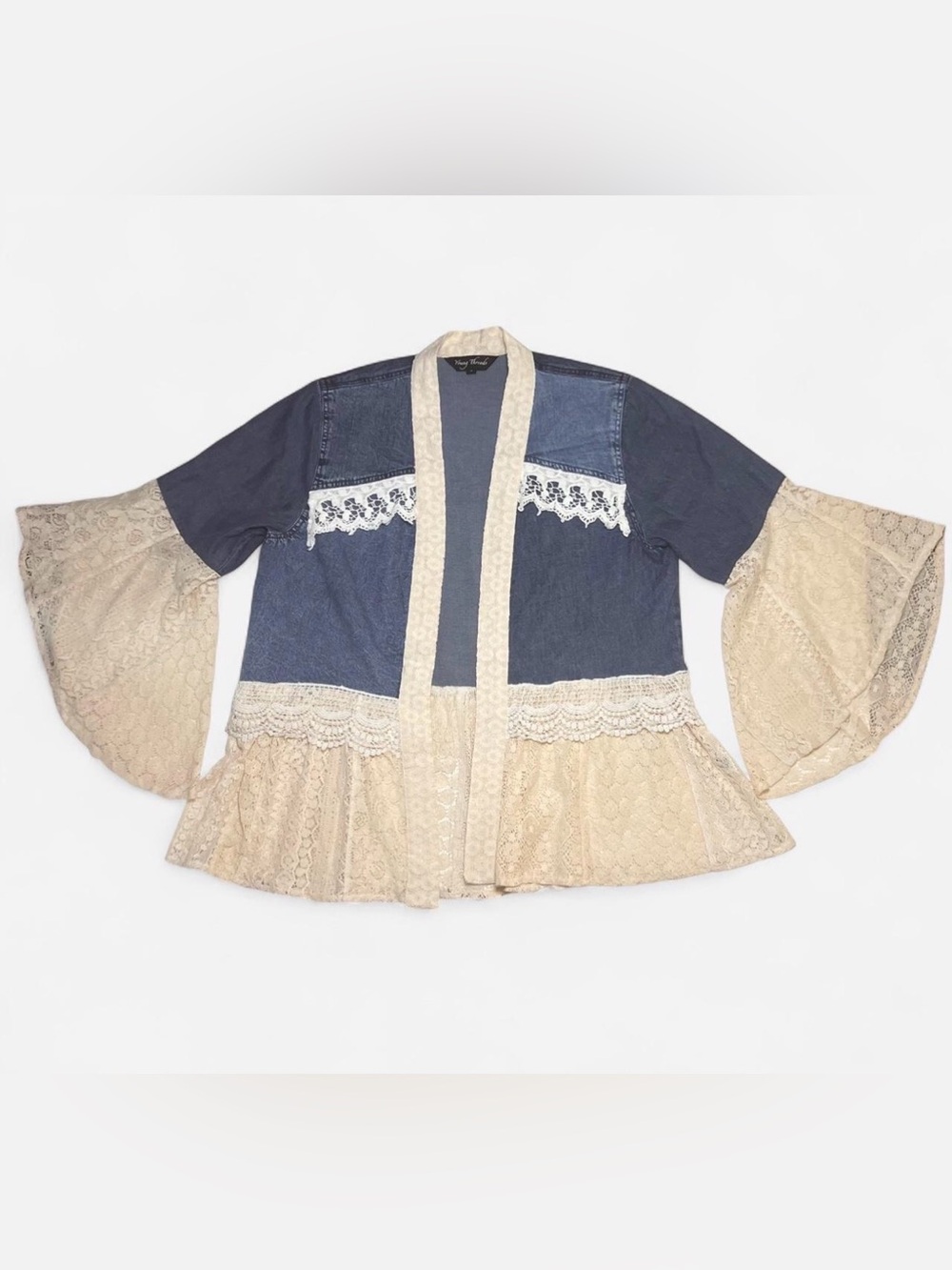 Young Threads Denim Lace Mixed Media Boho Kimono Open Cardigan Jacket Women S